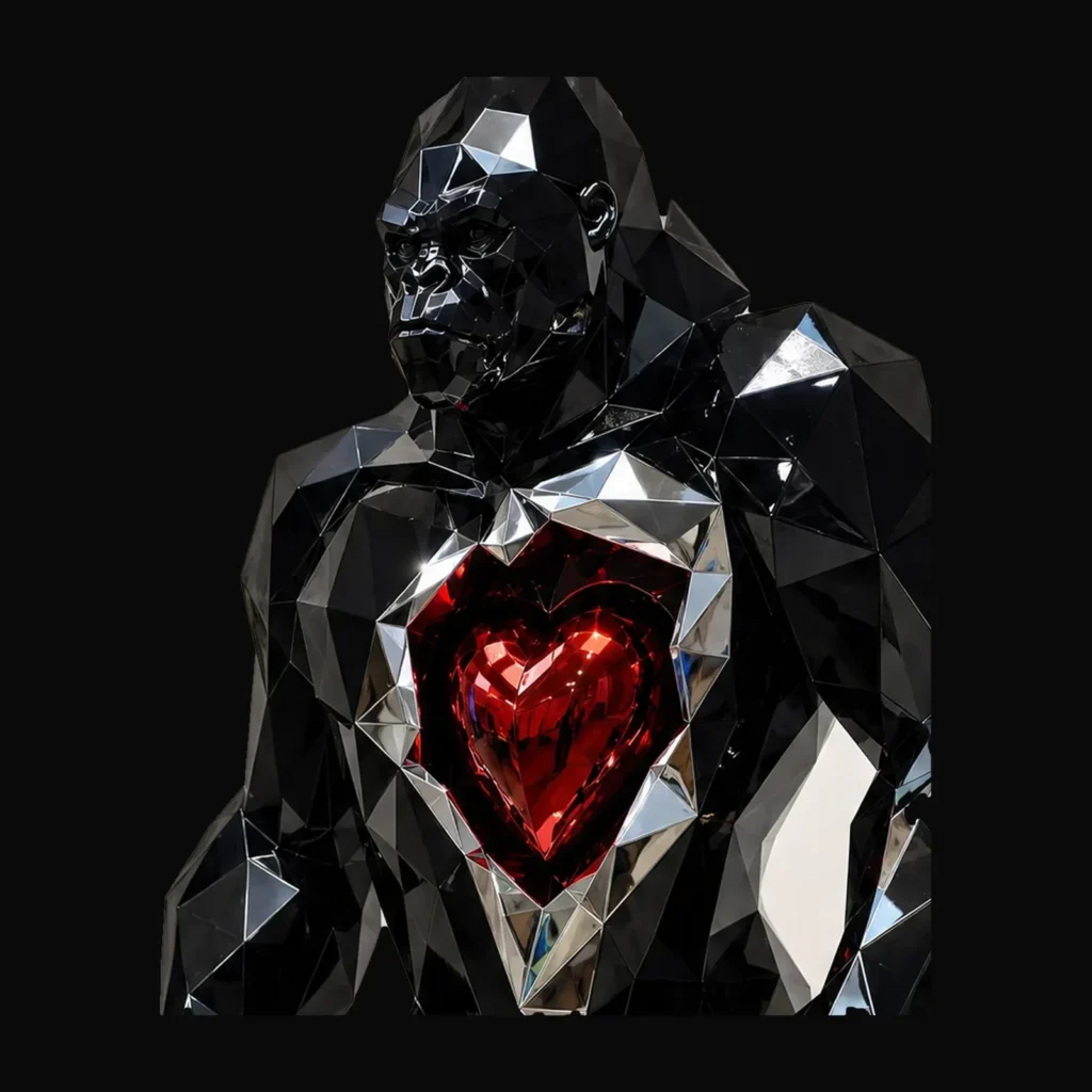 HEART OF THE BEAST, faceted black gorilla sculpture with red heart by KROMSKY
