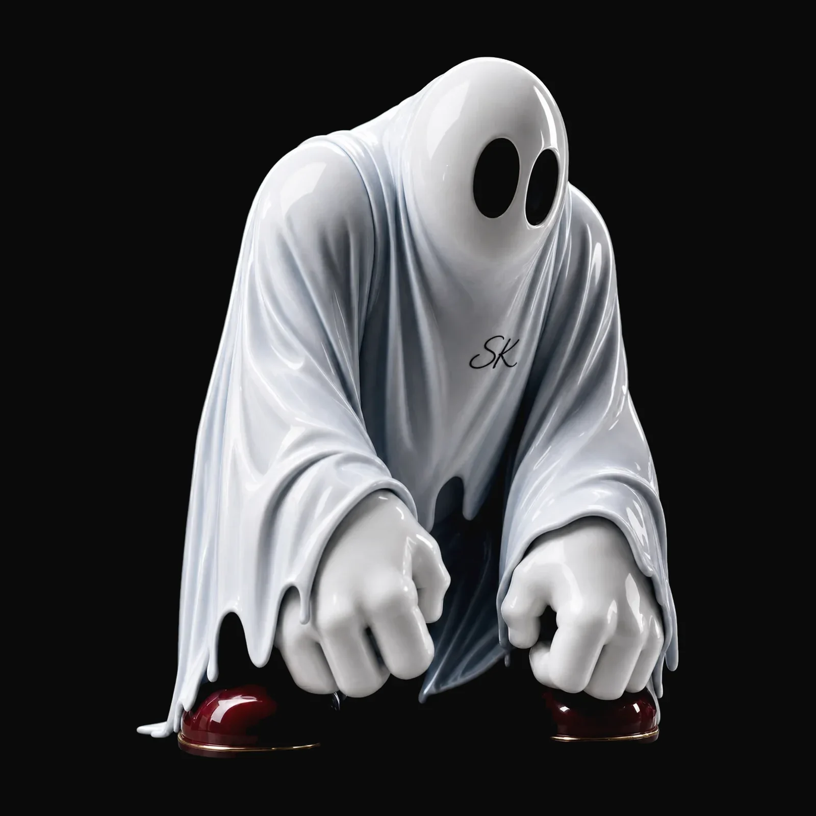 kromsky phantom white gloss ghost sculpture on black background.